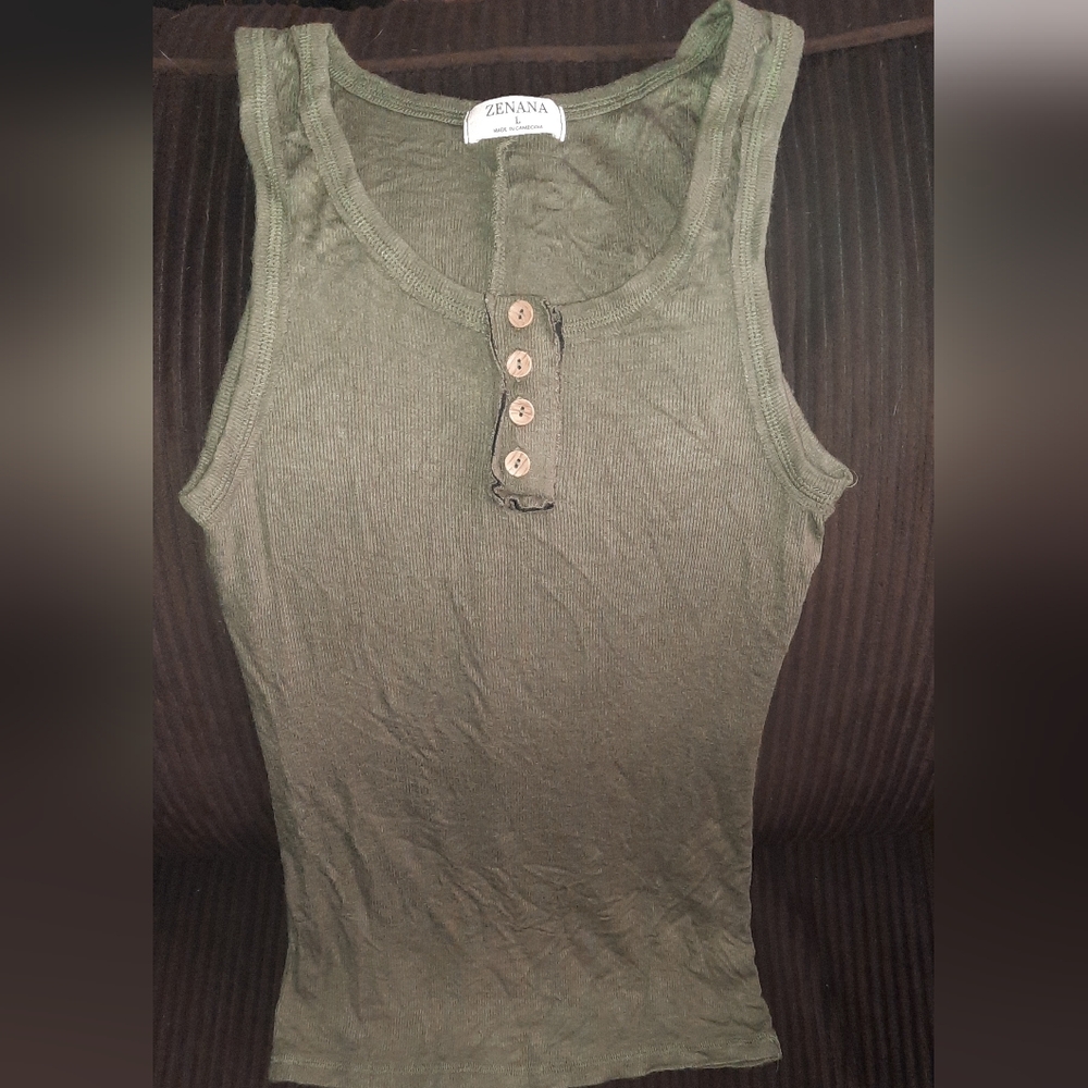 Zenana Outfitters Khaki Buttoned Tank Top